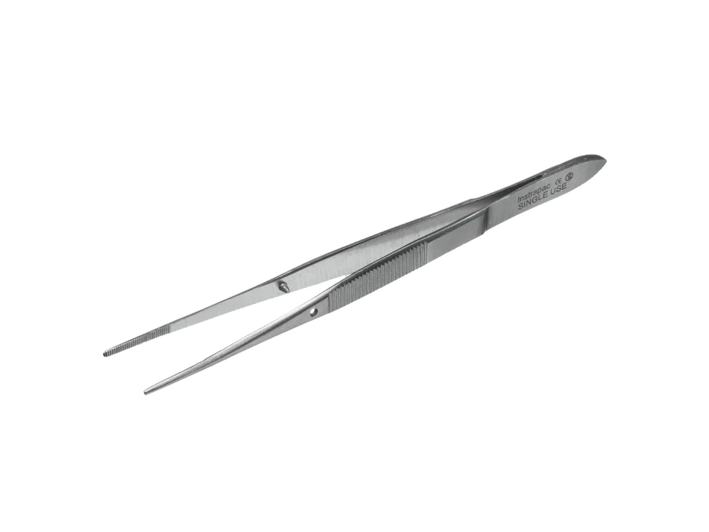 10cm Instrapac Iris Forceps, Non-Toothed photographed against a plain background.