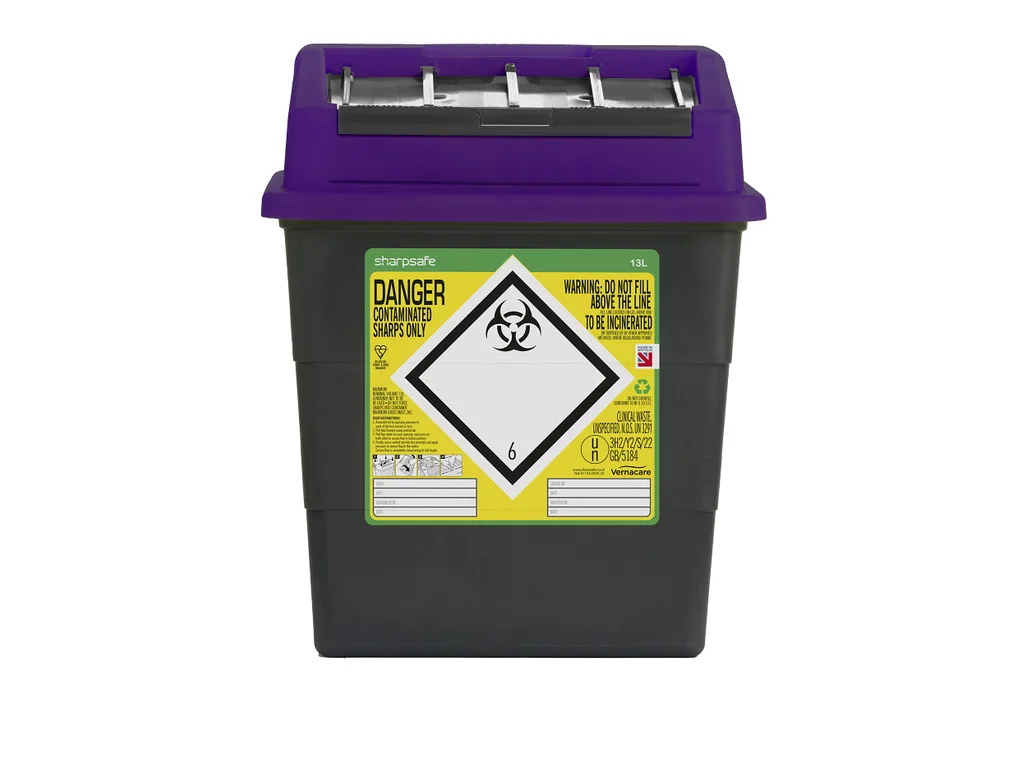 13 Litre Sharpsafe Purple Sharps Bin photographed against a plain background.