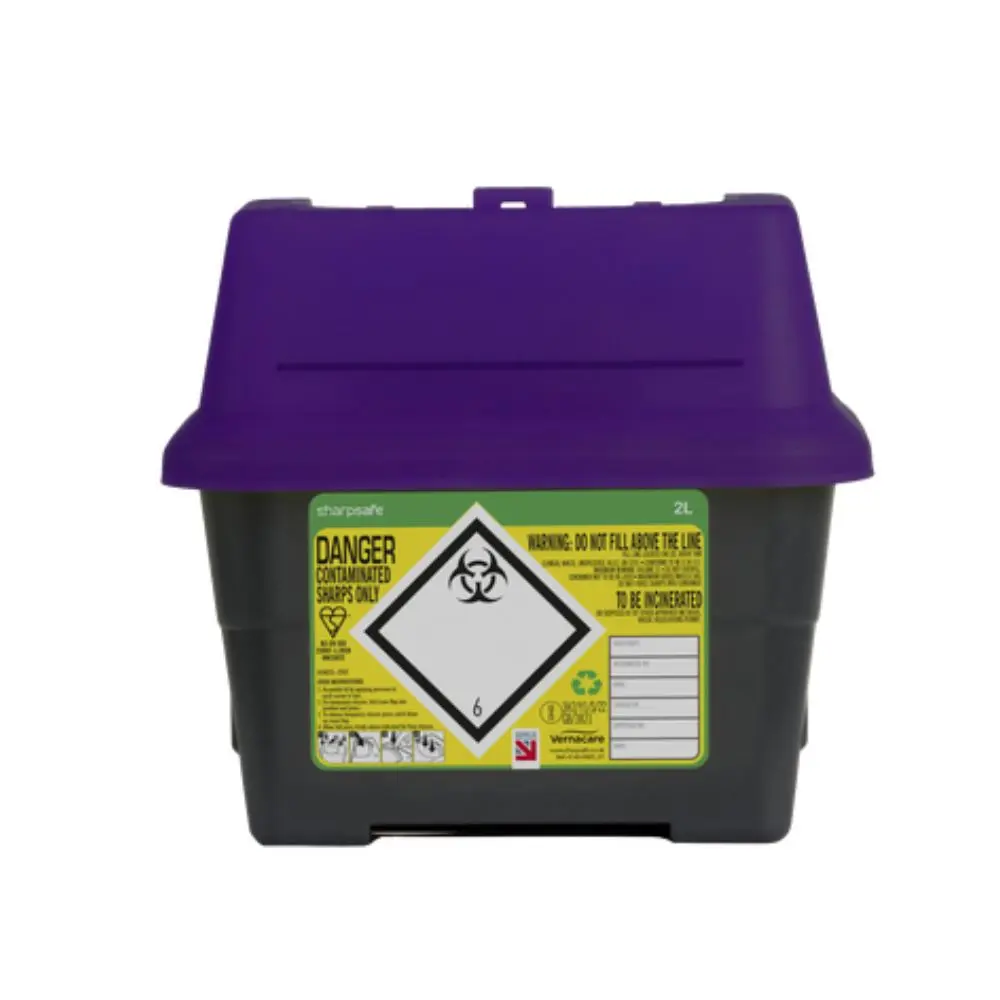 2 Litre Sharpsafe Purple Sharps Bin photographed against a plain background.