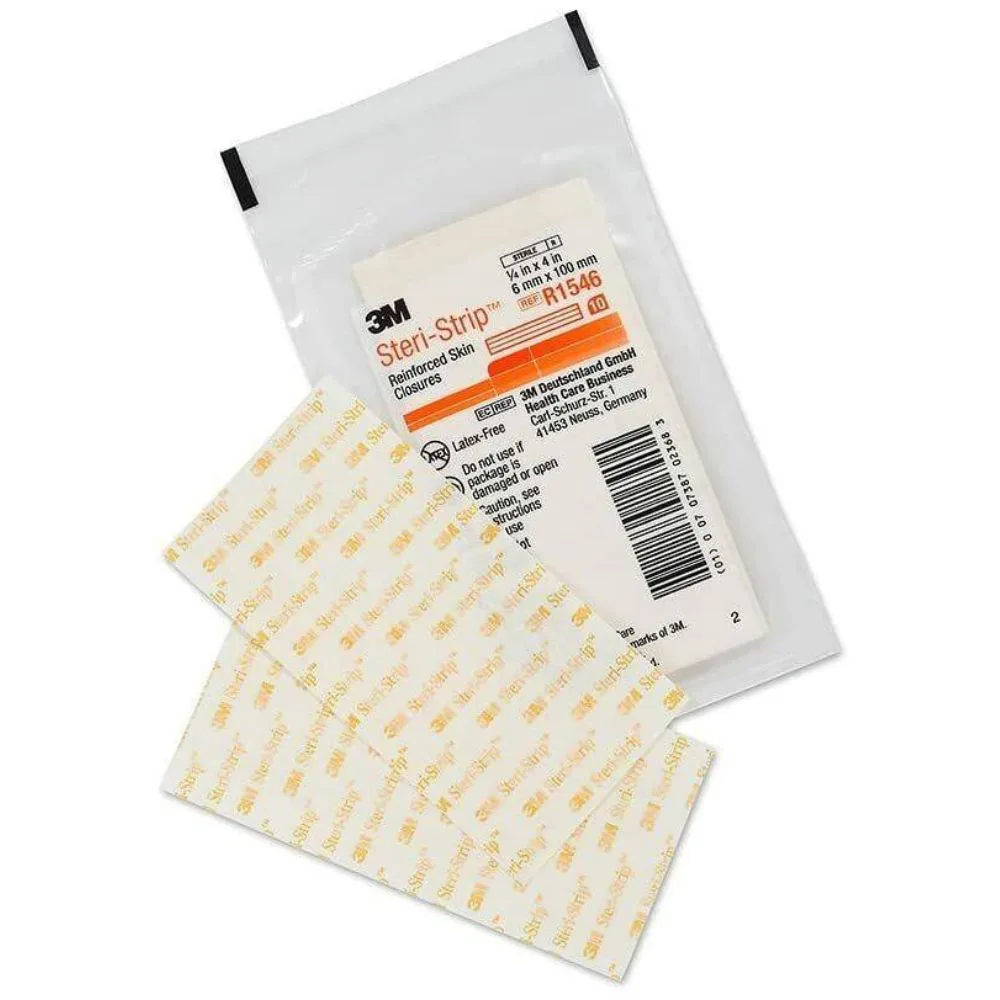3M Steri-Strip 6mm x 100mm Reinforced Skin Closures photographed against a plain background.