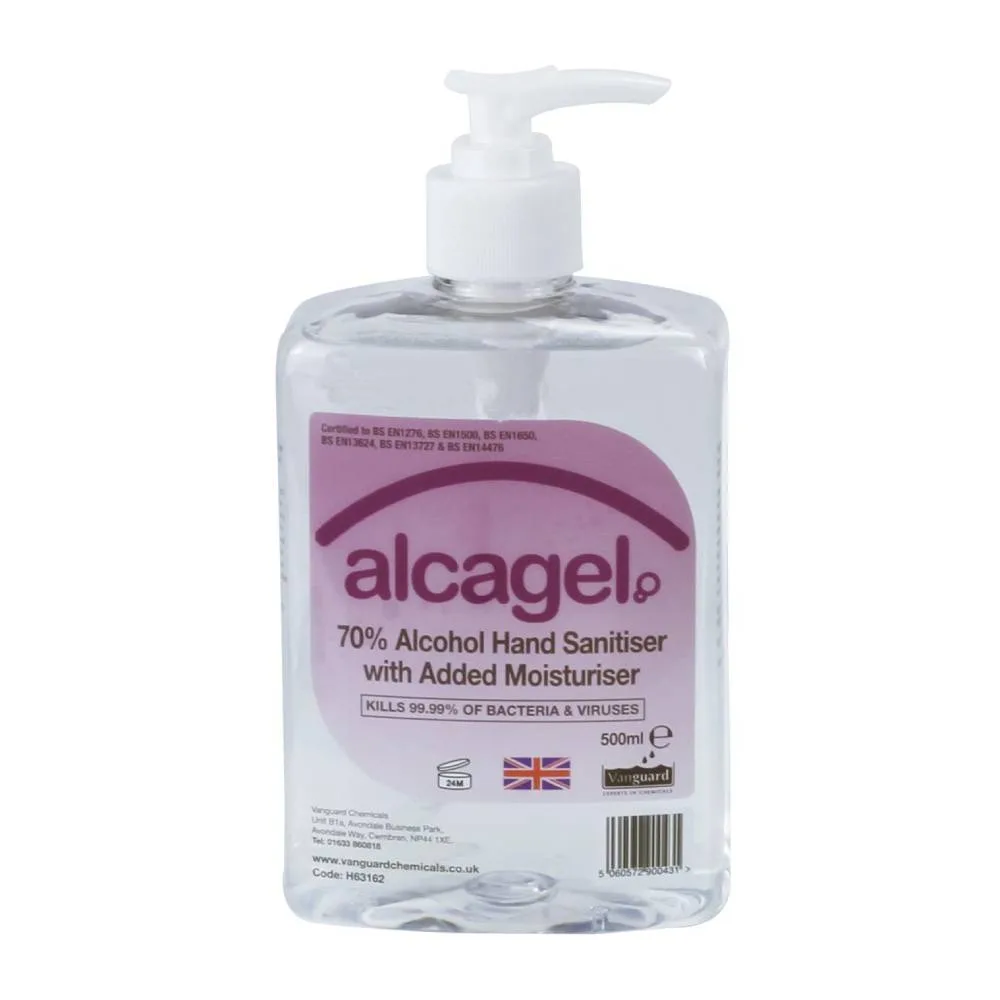 Alcagel Hand Sanitiser Gel 70% Alcohol 500ml photographed against a plain background.