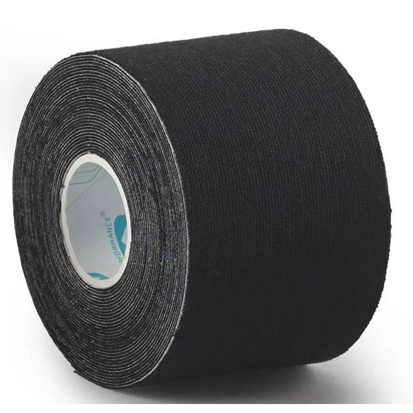 Black Kinesiology Tape 5cm x 5m isport Performance photographed against a plain background.