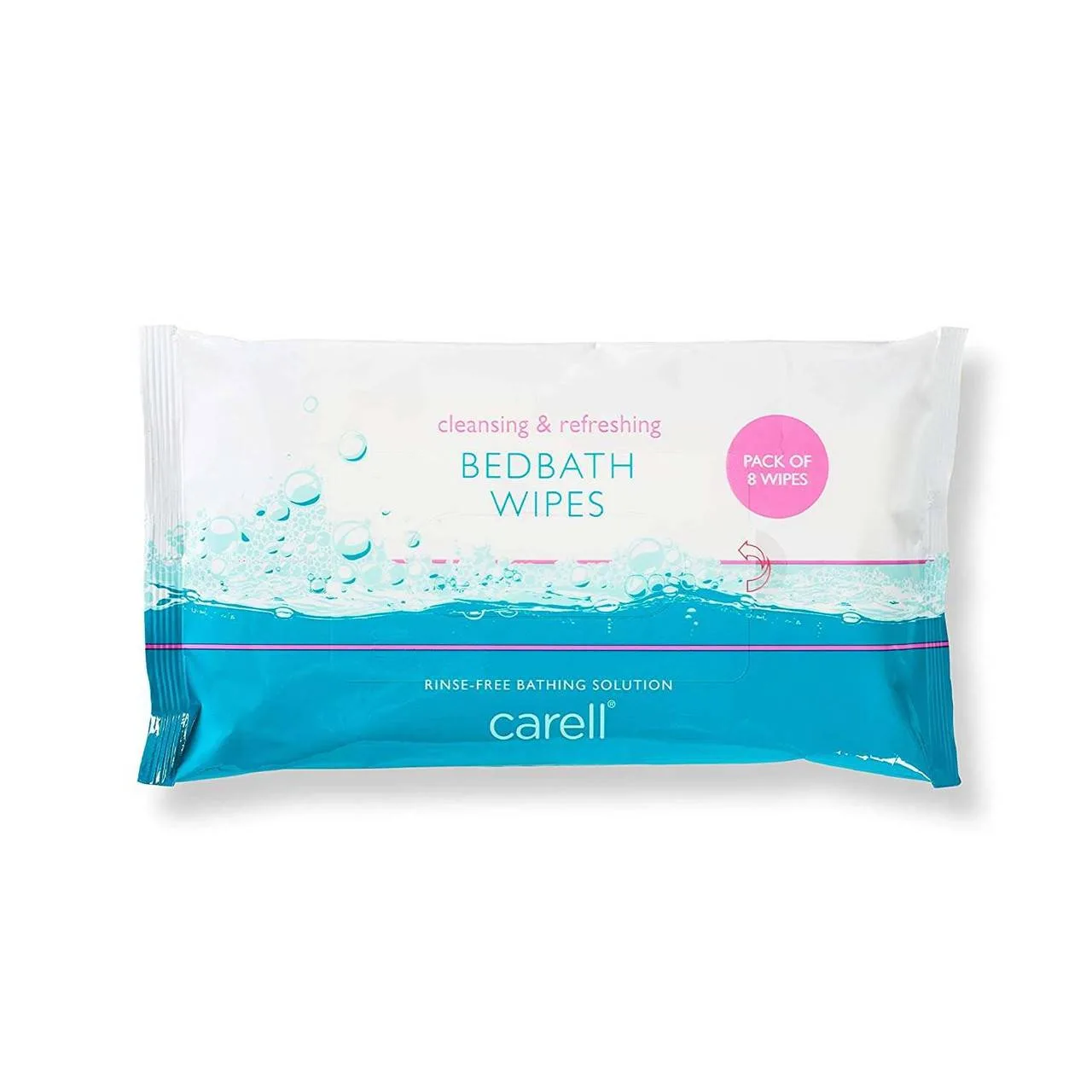 Carell Bed Bath Wipes Pack of 8 Wipes photographed against a plain background.