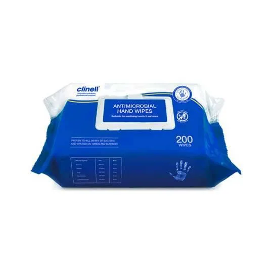 Clinell Antibacterial Hand Wipes Pack of 200 photographed against a plain background.
