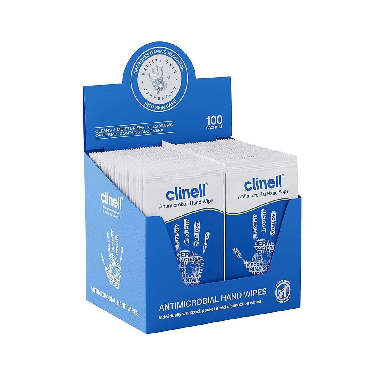 Clinell Antimicrobial Hand Wipes 100 Sachets photographed against a plain background.