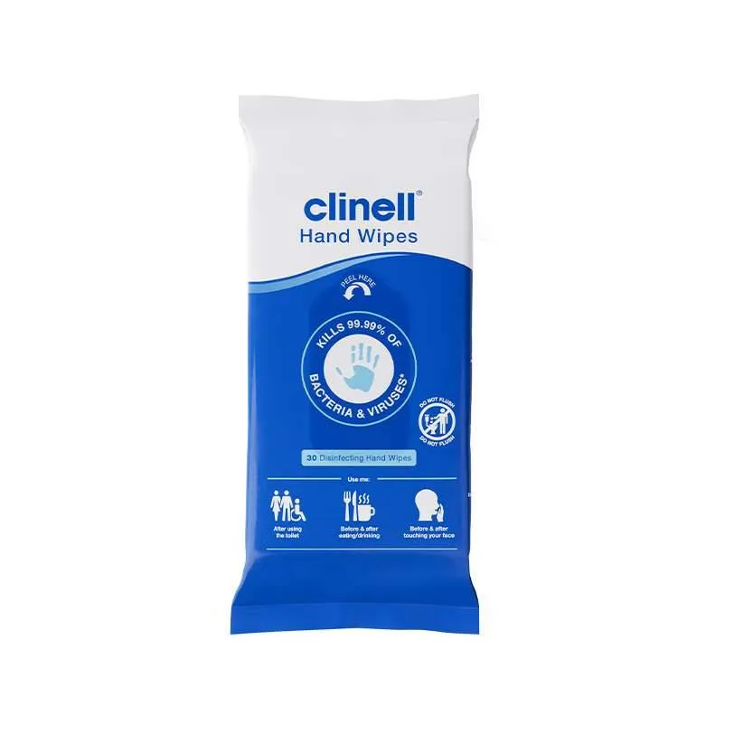 Clinell Antimicrobial Hand Wipes 30 Patient Pack photographed against a plain background.