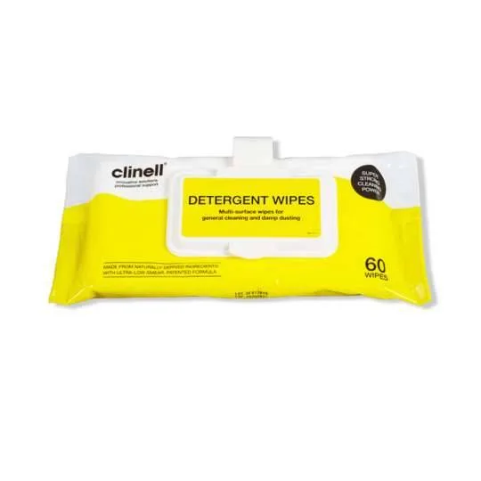 Clinell Detergent Wipes Clip Pack of 60 photographed against a plain background.
