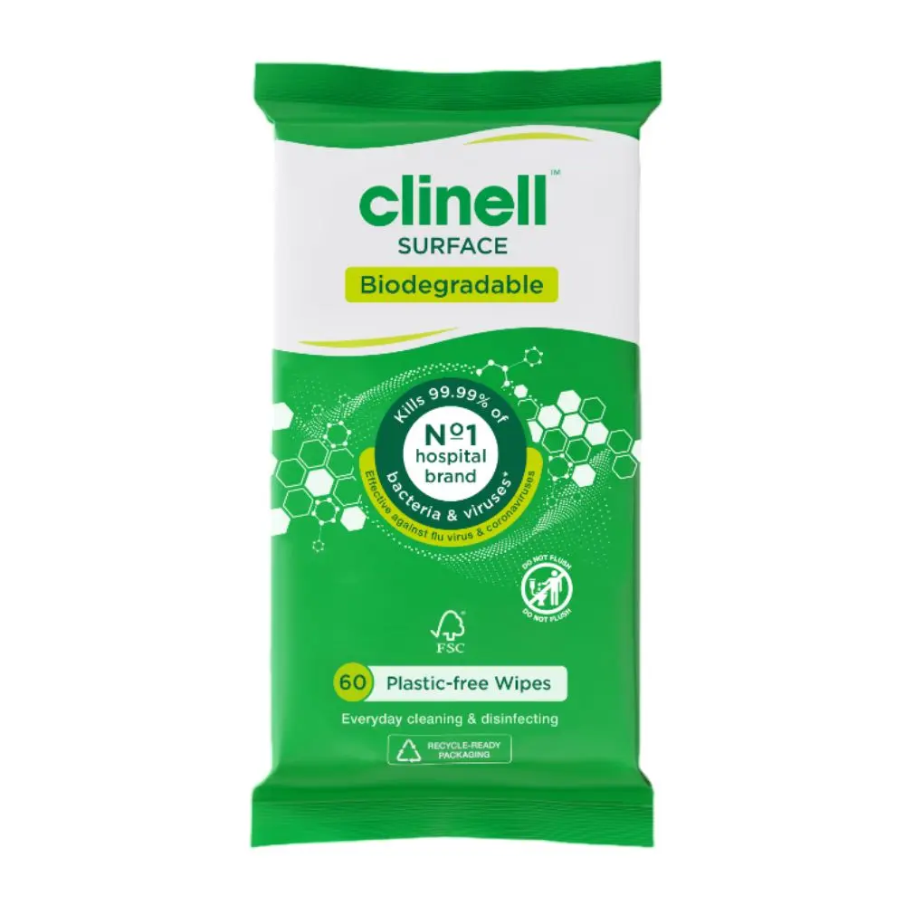 Clinell Universal Biodegradable Surface Wipes Pack of 60 photographed against a plain background.