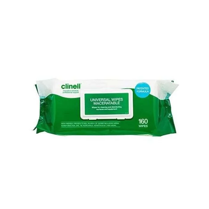 Clinell Universal Maceratable Wipes Pack of 160 photographed against a plain background.