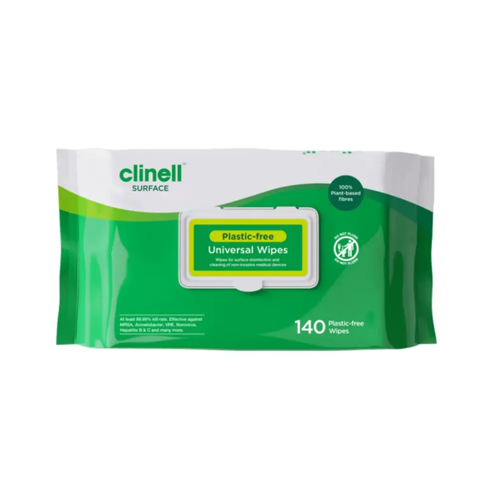 Clinell Universal Plastic Free Wipes Pack of 140 photographed against a plain background.
