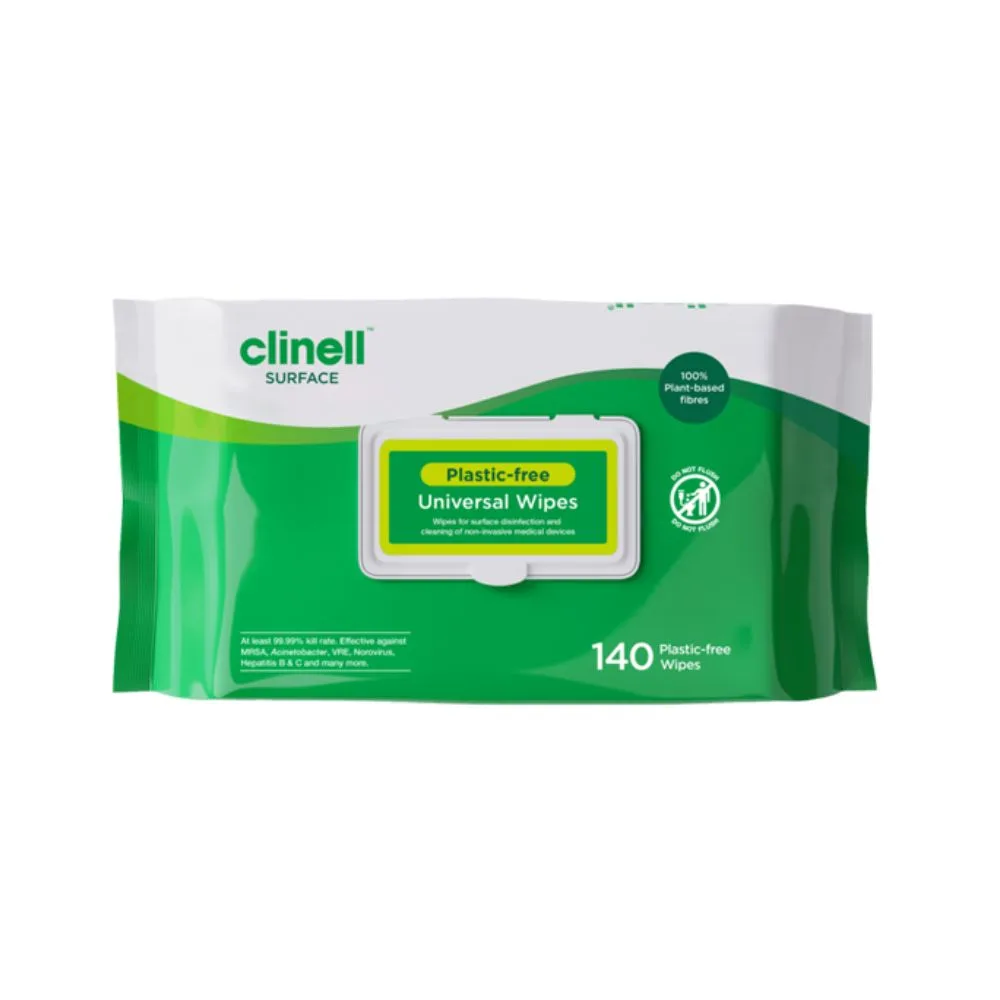 Clinell Universal Plastic Free Wipes Pack of 140 photographed against a plain background.
