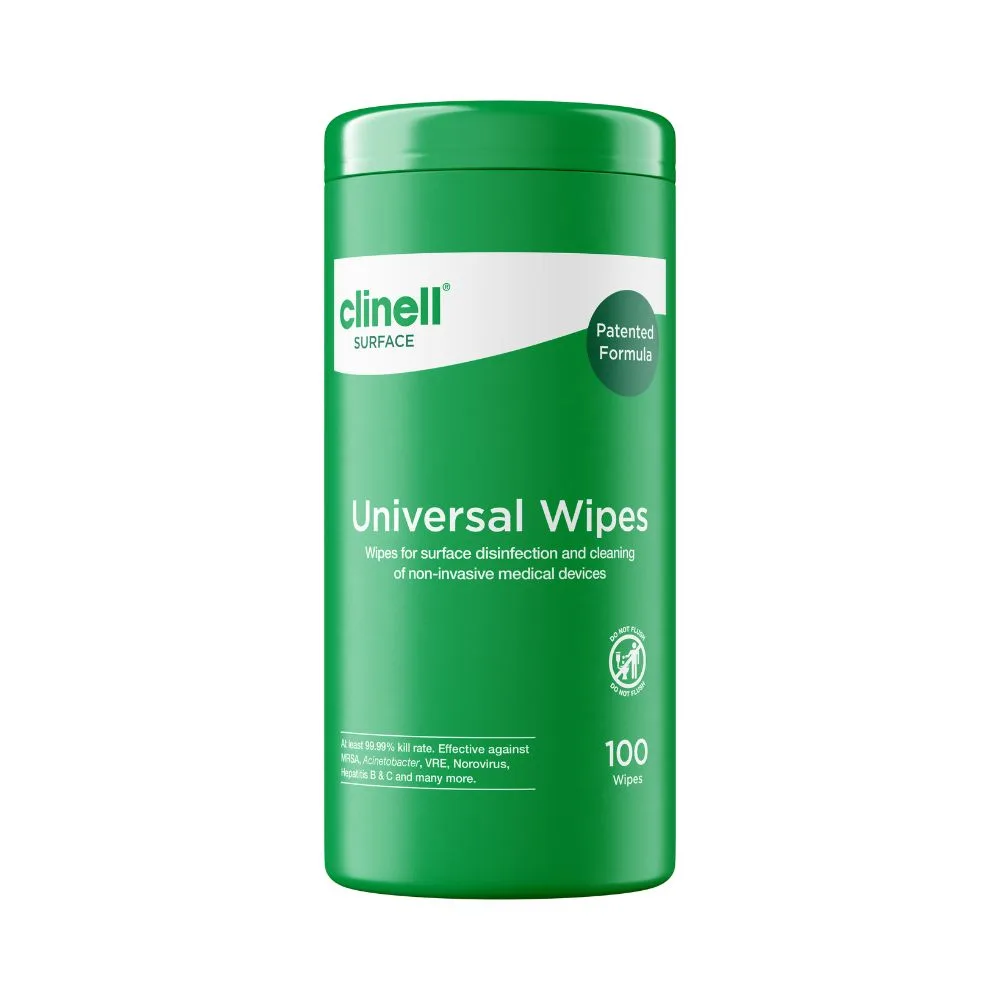 Clinell Universal Sanitising Wipe Tub 100 Wipes photographed against a plain background.