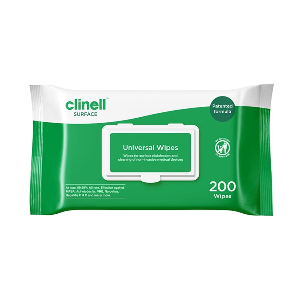 Clinell Universal Sanitising Wipes 200 Wipes photographed against a plain background.