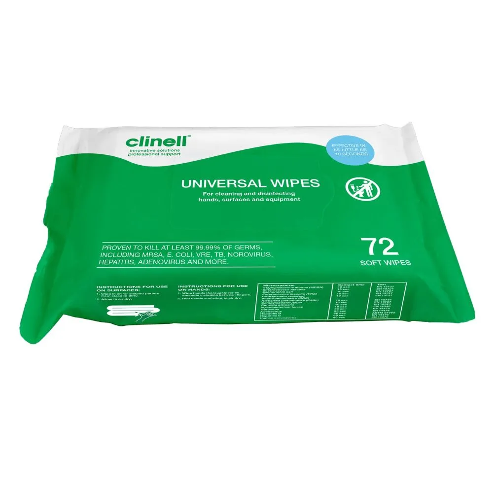 Clinell Universal Wipes 72 photographed against a plain background.