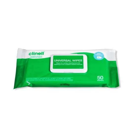 Clinell Universal Wipes Adhesive Back Pack of 50 photographed against a plain background.