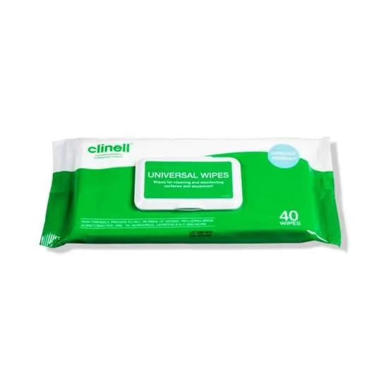 Clinell Universal Wipes Pack of 40 photographed against a plain background.
