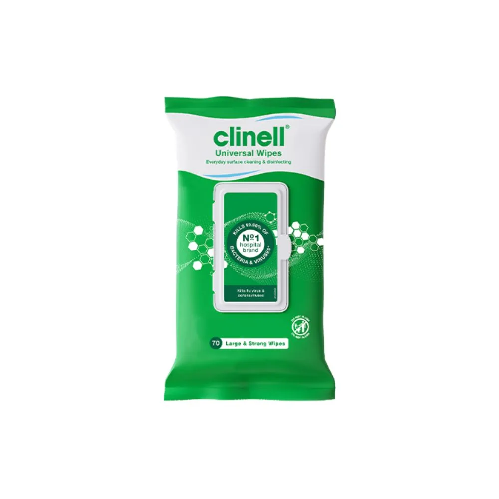 Clinell Universal Wipes Pack of 70 photographed against a plain background.