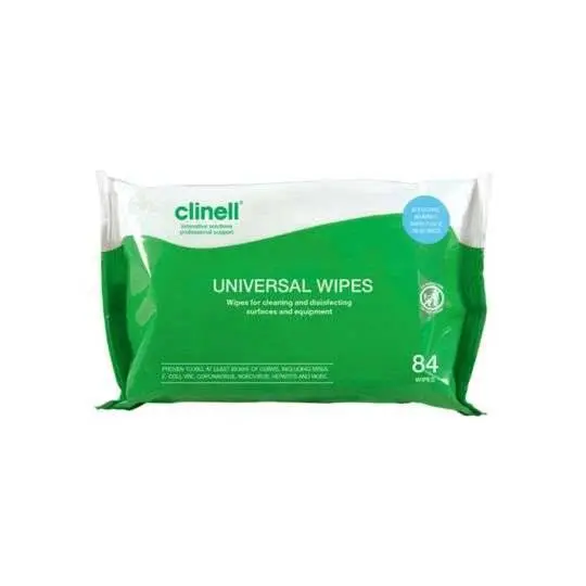 Clinell Universal Wipes Pack of 84 photographed against a plain background.