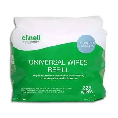 Clinell Universal Wipes Tub of 225 Refill photographed against a plain background.