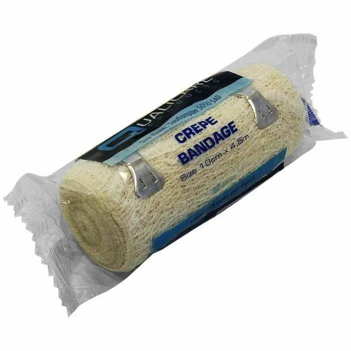 Crepe bandage 10cm x 4.5m Qualicare photographed against a plain background.