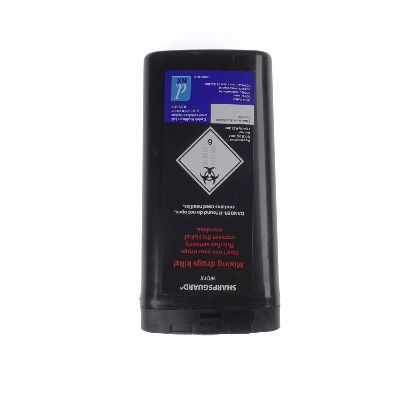 Daniels 0.25l Sharpsguard Sharps Bin Black photographed against a plain background.