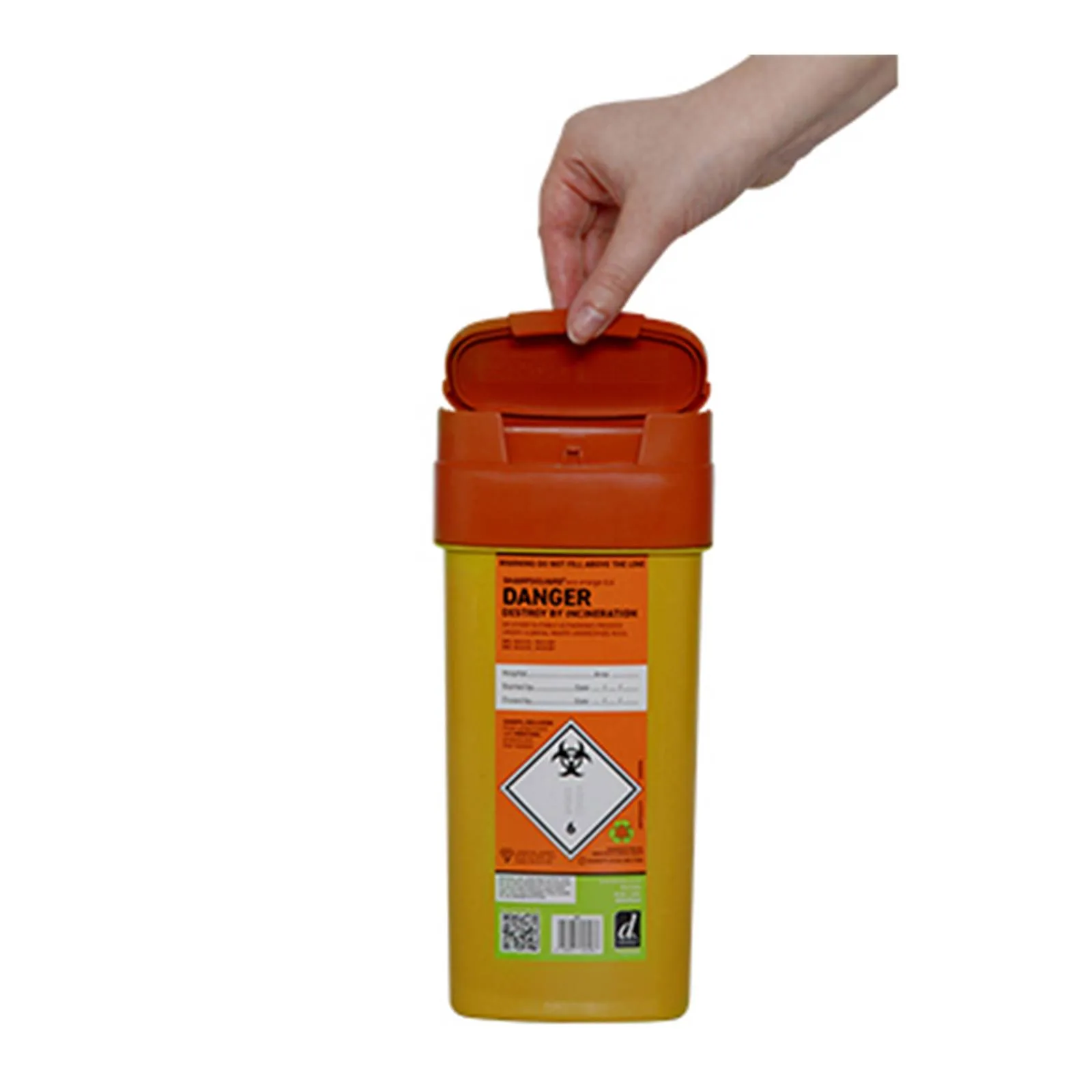 Daniels 0.6 Litre Sharpsguard Orange Sharps Bin photographed against a plain background.