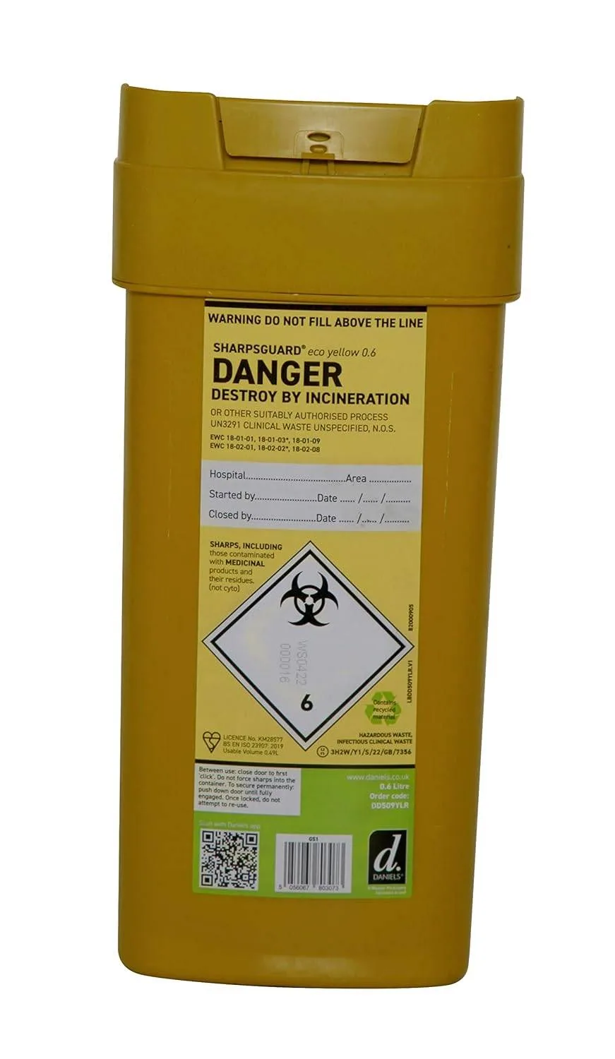Daniels 0.6 Litre Sharpsguard Yellow Sharps Bin photographed against a plain background.