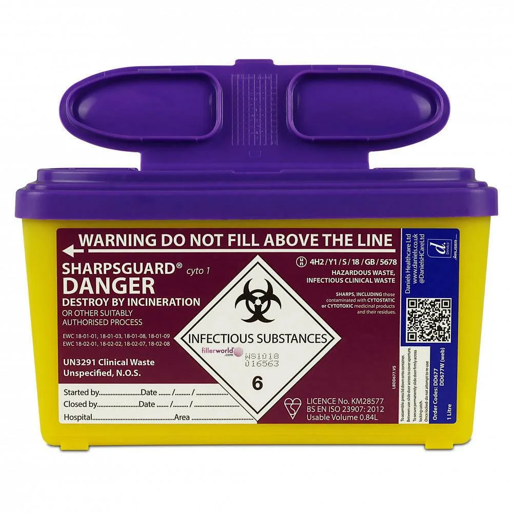 Daniels 1 Litre Sharpsguard Purple Sharps Bin photographed against a plain background.