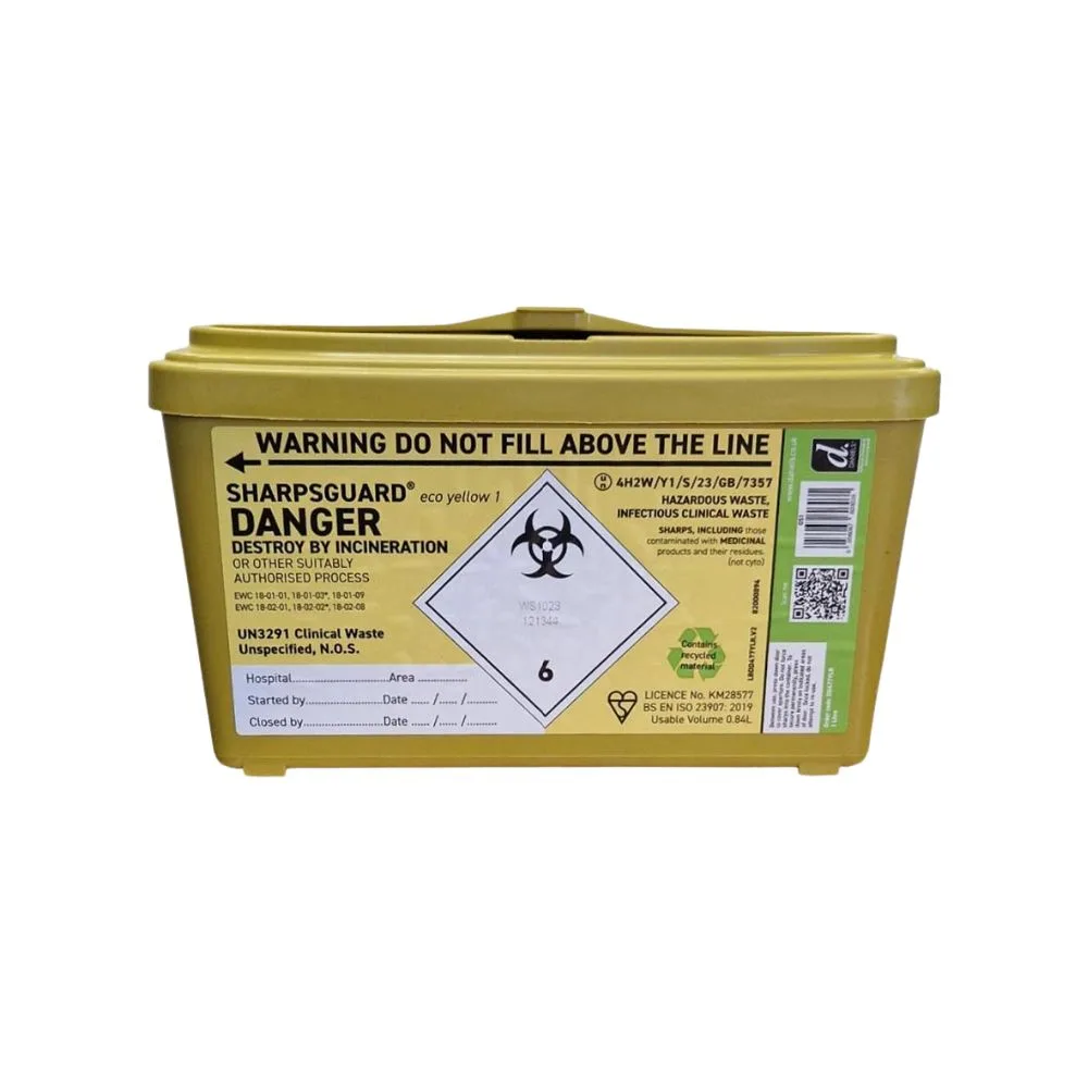 Daniels 1 Litre Sharpsguard Yellow Sharps Bins photographed against a plain background.