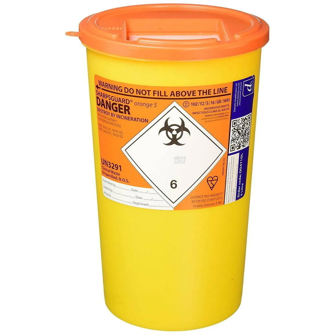 Daniels 5 Litre Sharpsguard Orange Sharps Bin photographed against a plain background.