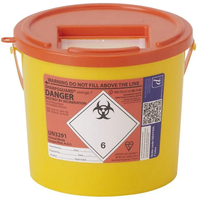 Daniels 7 Litre Sharpsguard Orange Sharps Bin photographed against a plain background.