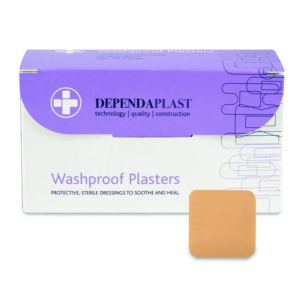 Dependaplast Washproof Plasters 4cm x 4cm Box of 100 photographed against a plain background.