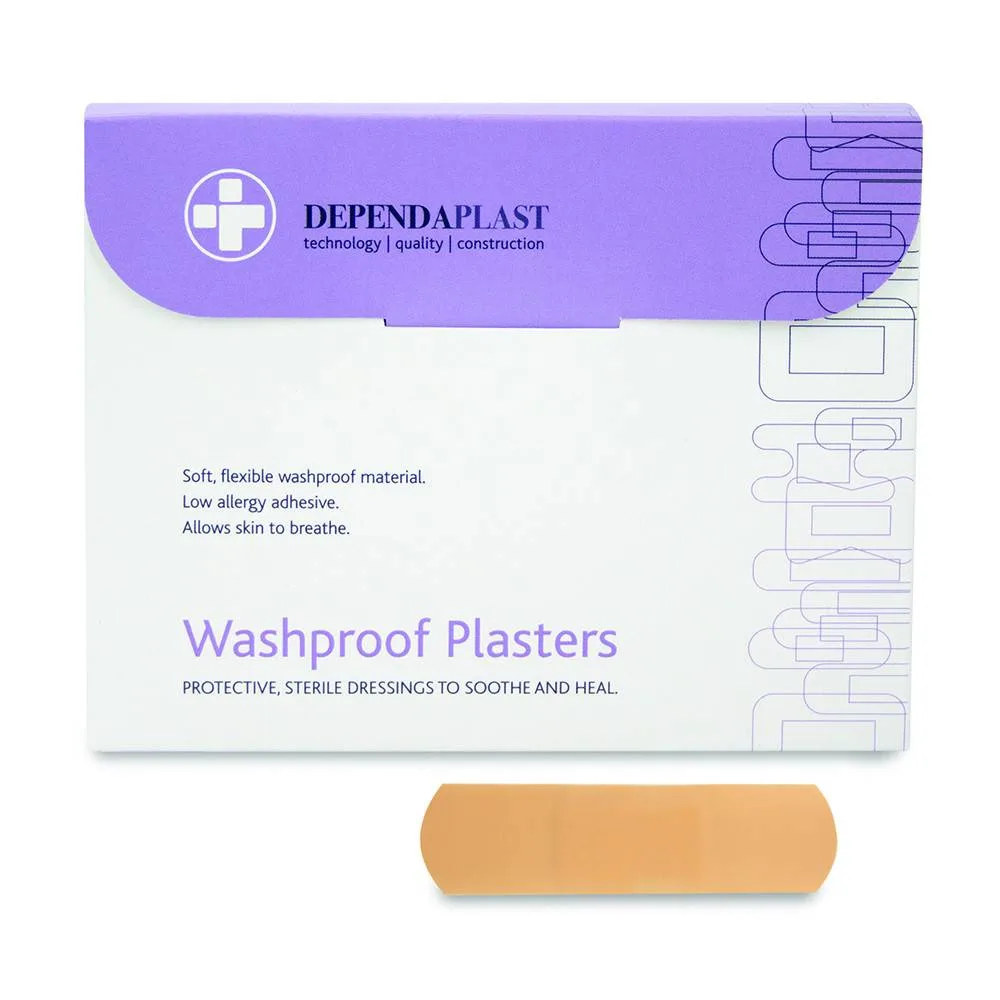 Dependaplast Washproof Plasters 7.5cm x 2.5cm Box of 100 photographed against a plain background.
