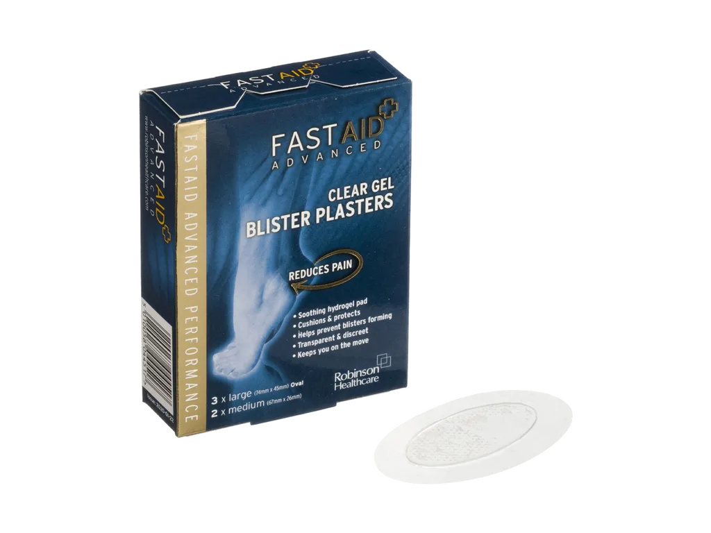 Fast Aid Advanced Blister Plasters Clear Gel Pack of 5 photographed against a plain background.