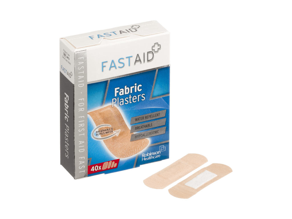Fast Aid Antiseptic Fabric Plasters 40 Assorted Plasters In 4 Sizes photographed against a plain background.