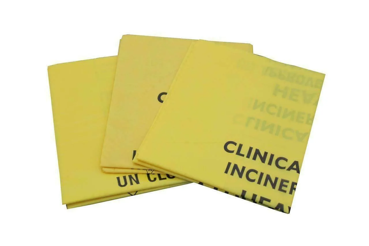 HPC Yellow Medium Clinical Waste Sack 30 litres x 50 photographed against a plain background.
