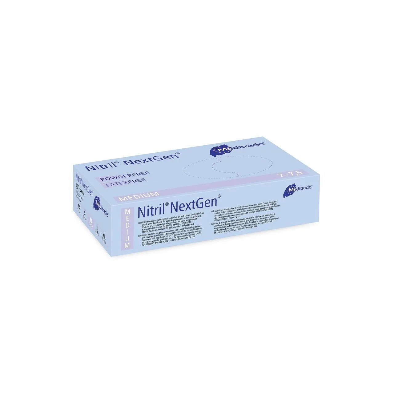 Meditrade Blue Nitrile Examination Gloves photographed against a plain background.