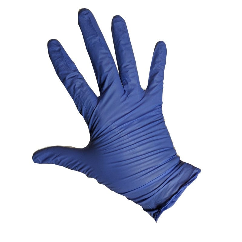 OmniTrust Dark Blue Nitrile Examination Gloves photographed against a plain background.