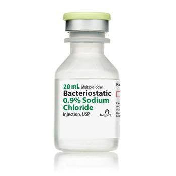 Pfizer Bacteriostatic Sodium Chloride 0.9%, 20 mL Vials photographed against a plain background.
