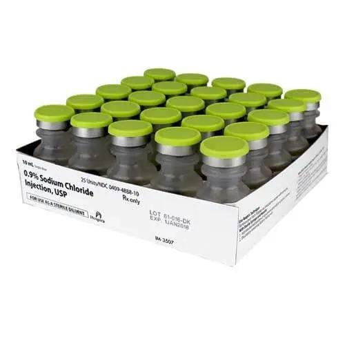 Pfizer Sodium Chloride 0.9%, 10 mL Vials photographed against a plain background.