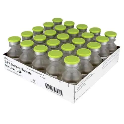 Pfizer Sodium Chloride 0.9%, 20 mL Vials photographed against a plain background.