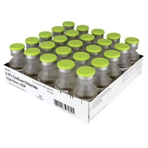 Pfizer Sodium Chloride 0.9%, 20 mL Vials photographed against a plain background.