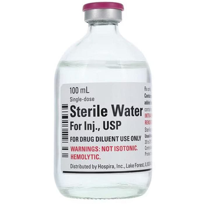 Pfizer Sterile Water, 100 mL Vials photographed against a plain background.