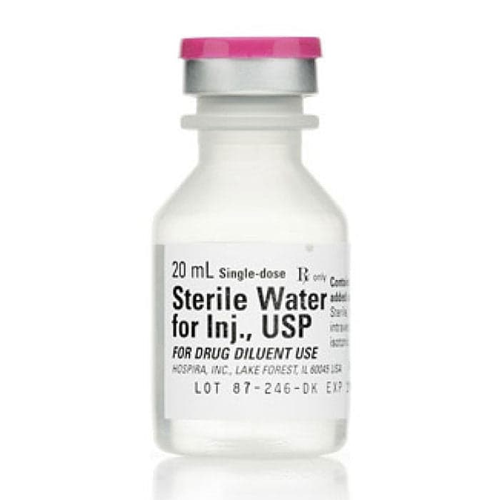 Pfizer Sterile Water, 20 mL Vials photographed against a plain background.