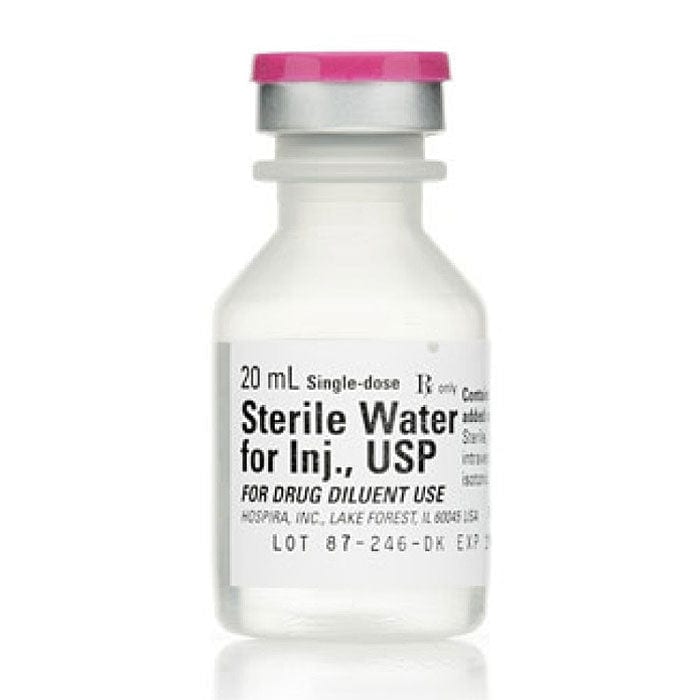 Pfizer Sterile Water, 20 mL Vials photographed against a plain background.