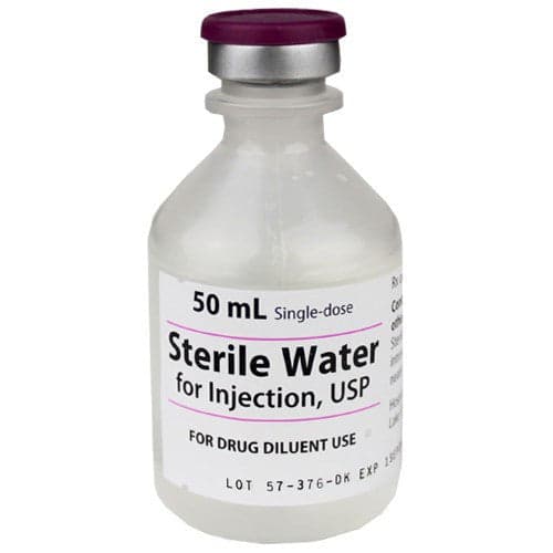Pfizer Sterile Water, 50 mL Vials photographed against a plain background.