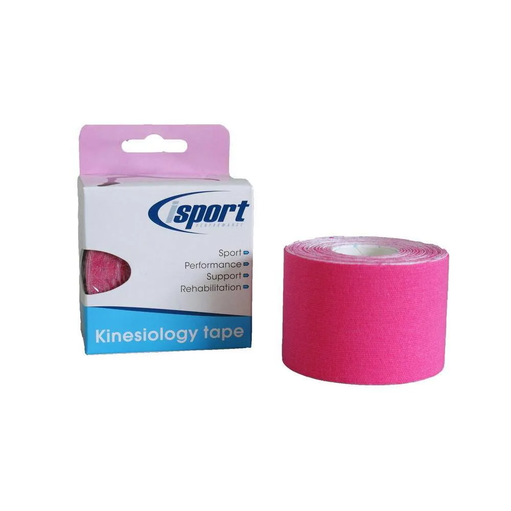 Pink Kinesiology Tape 5cm x 5m isport Performance photographed against a plain background.