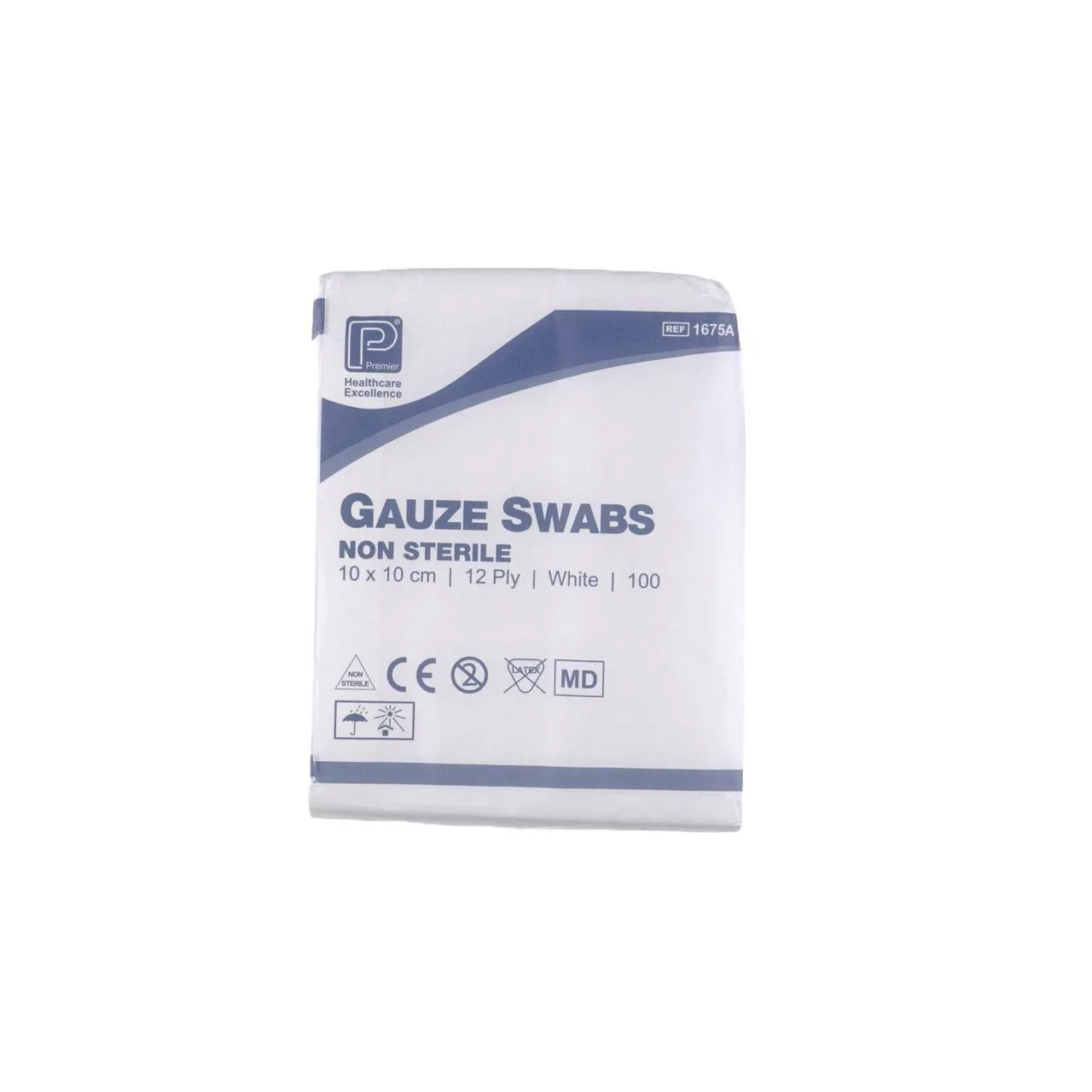 Premier Gauze Swabs: 10 x 10cm 12 Ply x 100 photographed against a plain background.