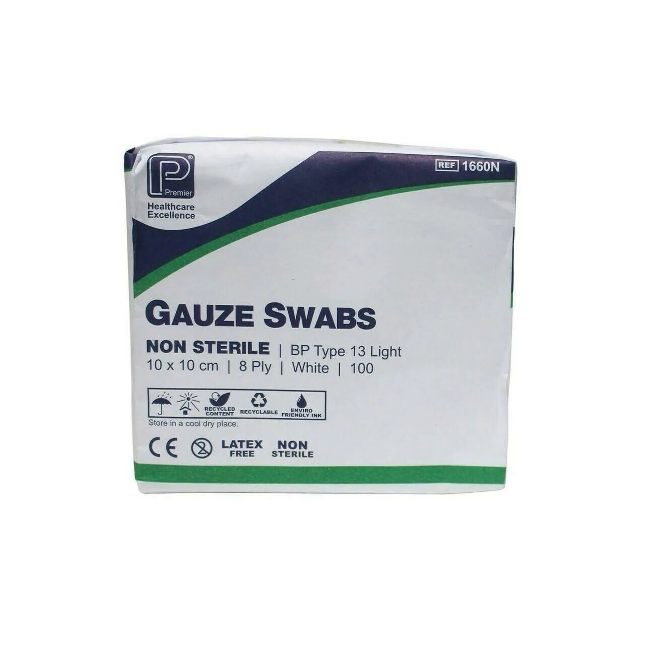 Premier Gauze Swabs: 10cm x 10cm 8 Ply x 100 photographed against a plain background.