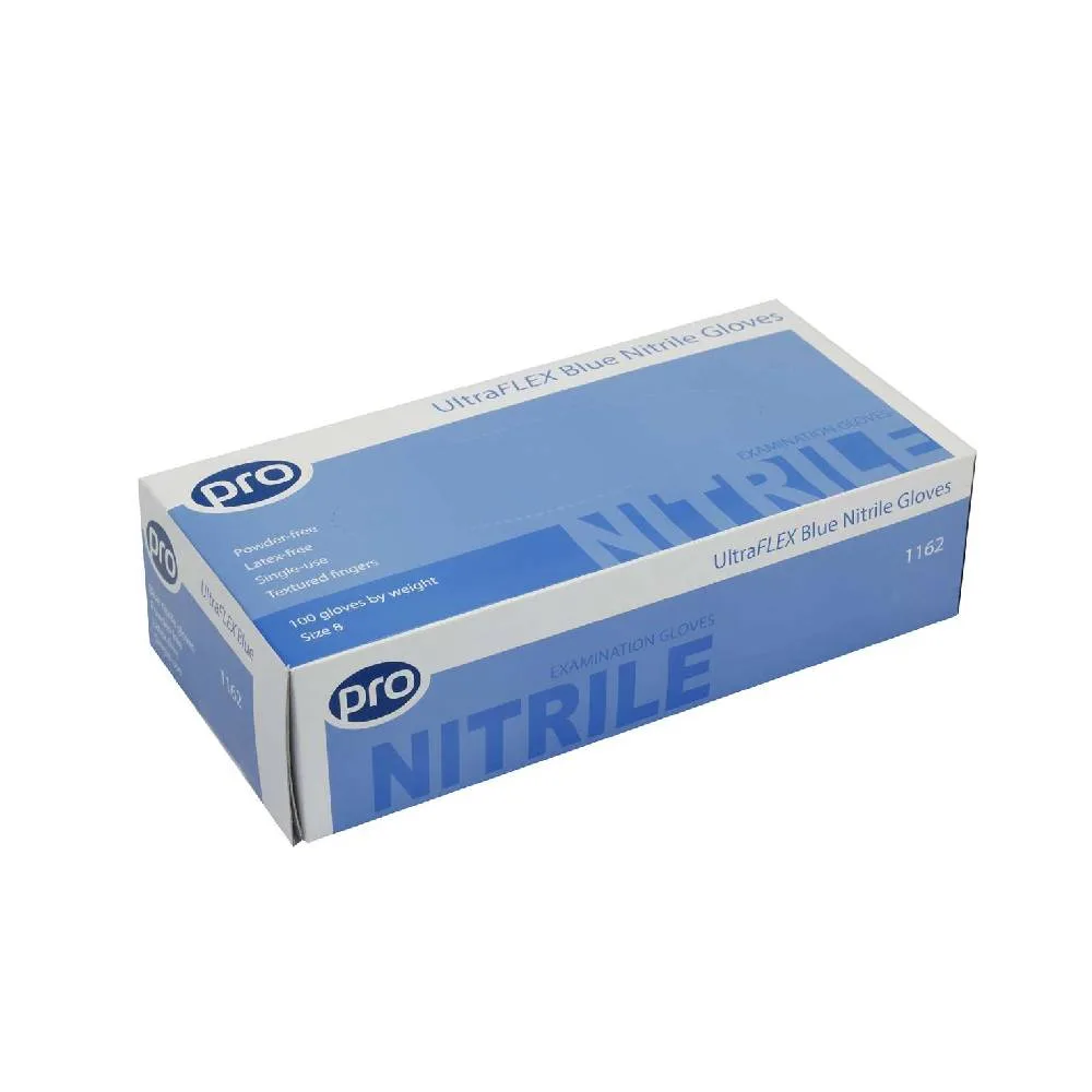 PRO Blue Nitrile Examination Gloves photographed against a plain background.